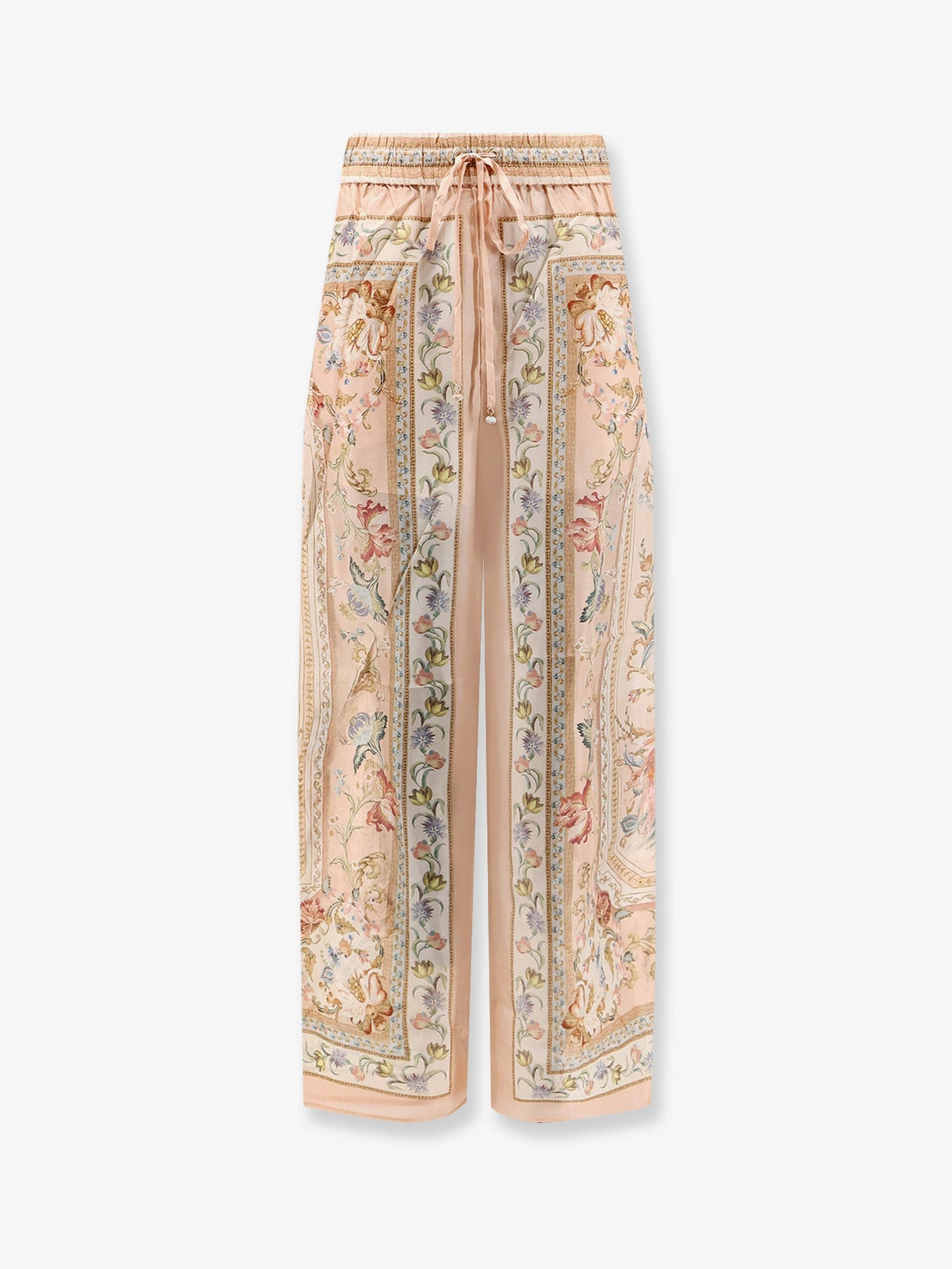Roselight Silk Trousers with Pink Tapestry Floral Print