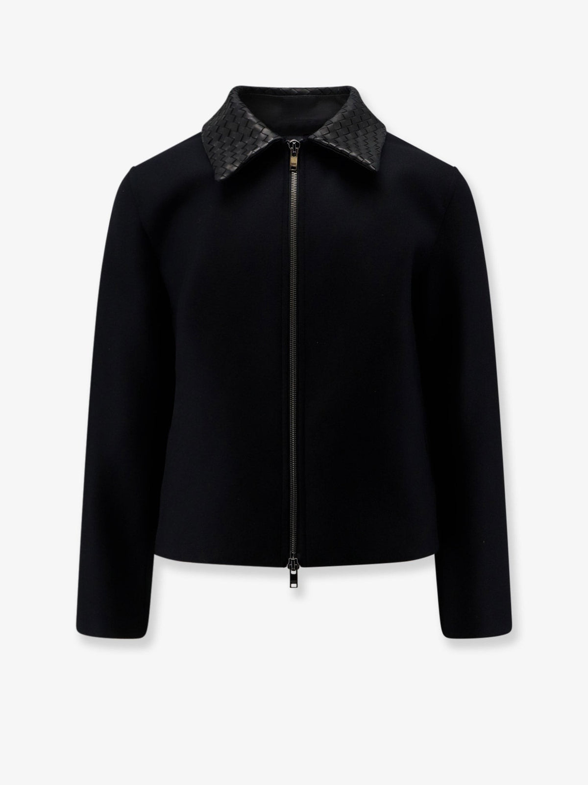 Wool jacket with leather collar with Intrecciato motif